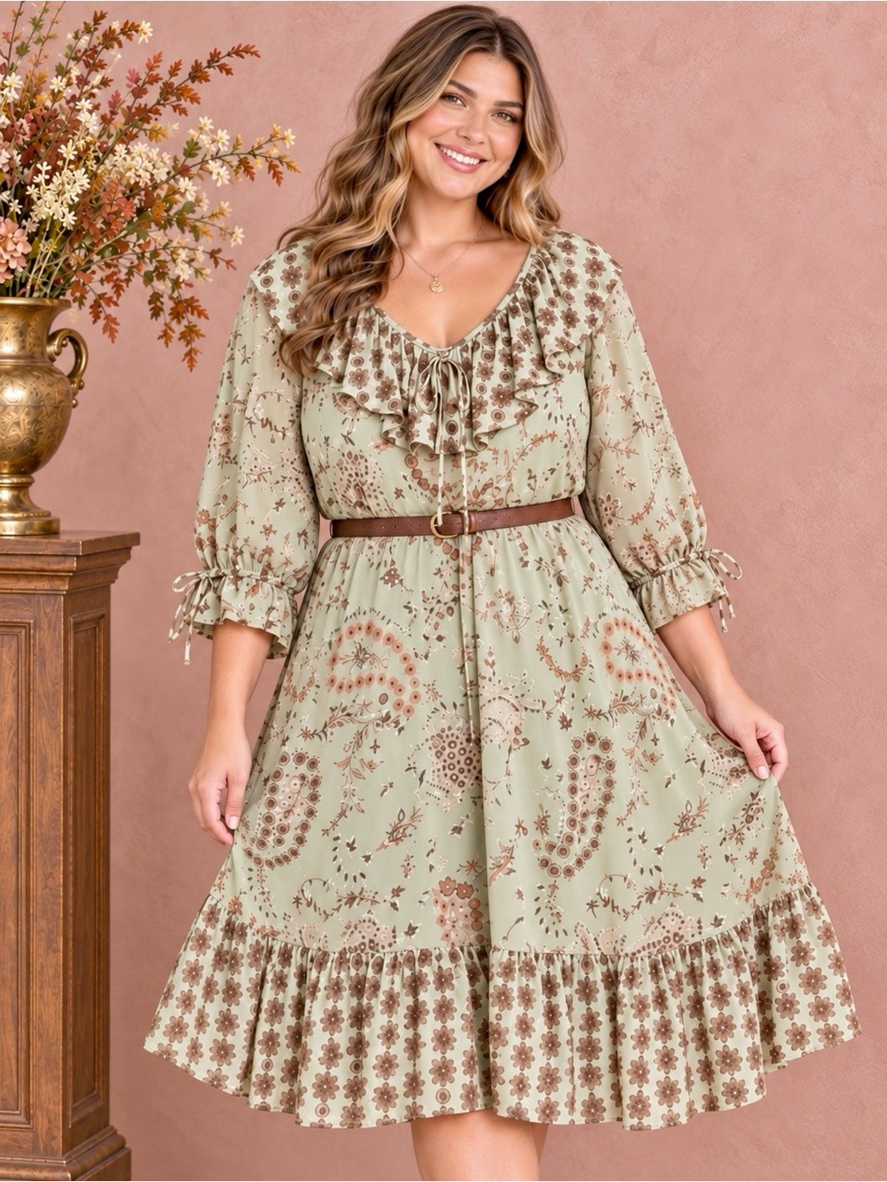 Pistachio Green Paisley Ruffle Midi Dress 1X 14/16W Romantic Country Wedding Gue